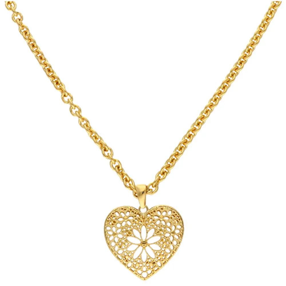 Bronzoro 20" 18K Yellow Gold Plated Over Bronze Rolo Chain with Filigree Heart Pendant