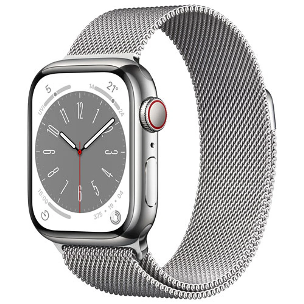 TELUS Apple Watch Series 8 (GPS + Cellular) 41mm Silver Stainless Steel Case w/ Silver Milanese Loop - S/M - Monthly Financing