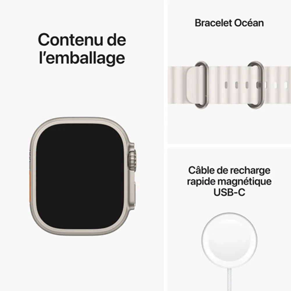 Apple Watch Ultra (GPS + Cellular) avec boîtier de 49 mm en titane et bracelet océan blanc de TELUS - Financement mensuel