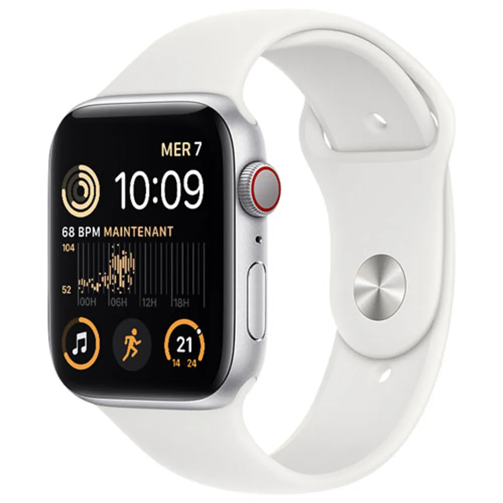 TELUS Apple Watch SE (GPS + Cellular) 44mm Silver Aluminum Case w/ White Sport Band (2022) - Monthly Financing