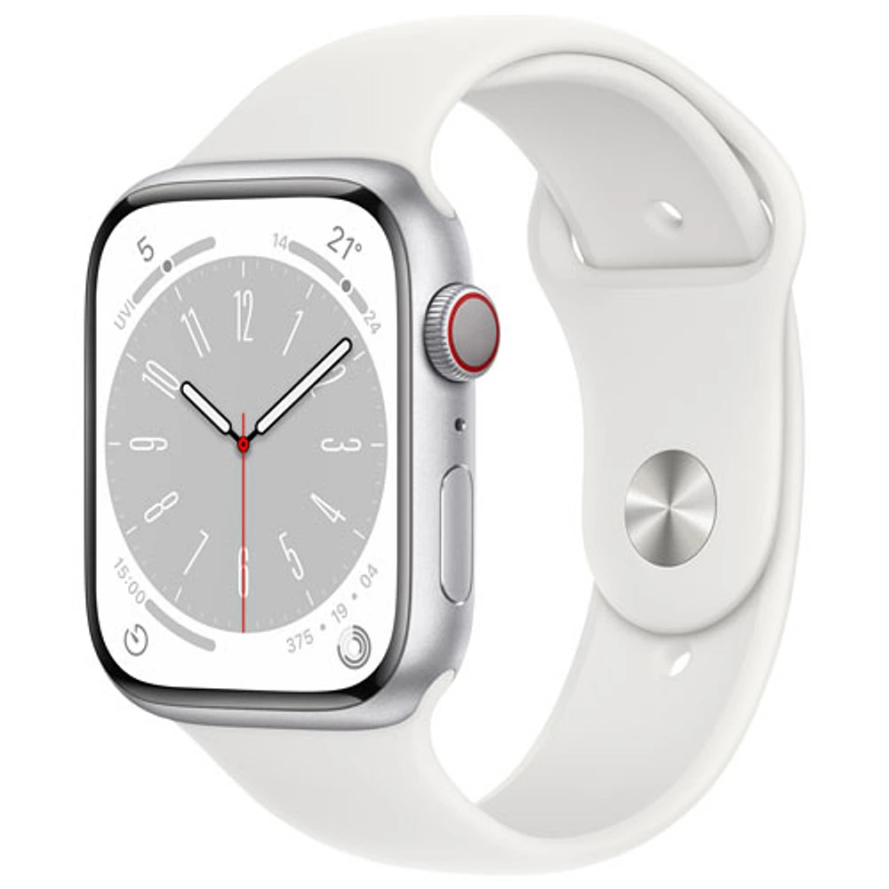 Rogers Apple Watch Series 8 (GPS + Cellular) 45mm Silver Aluminum Case with White Sport Band - M/L - Monthly Financing