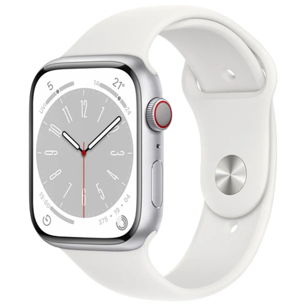 Bell Apple Watch Series 8 (GPS + Cellular) 45mm Silver Aluminum Case w/ White Sport Band - M/L - Monthly Financing