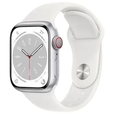 Bell Apple Watch Series 8 (GPS + Cellular) 41mm Silver Aluminum Case w/ White Sport Band - S/M - Monthly Financing