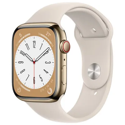Rogers Apple Watch Series 8 (GPS + Cellular) 45mm Gold Stainless Steel Case with Starlight Sport Band - M/L - Monthly Financing