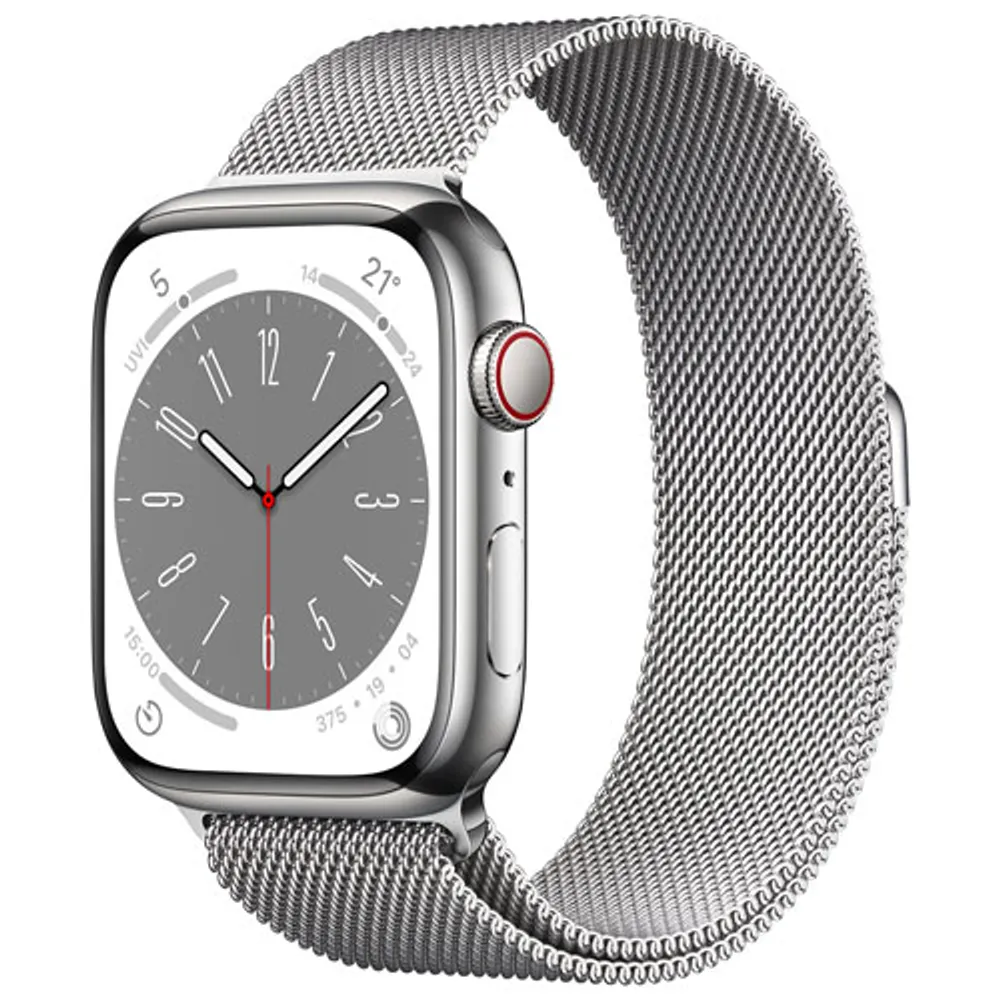 Rogers Apple Watch Series 8 (GPS + Cellular) 45mm Silver Stainless Steel Case with Silver Milanese Loop - M/L - Monthly Financing