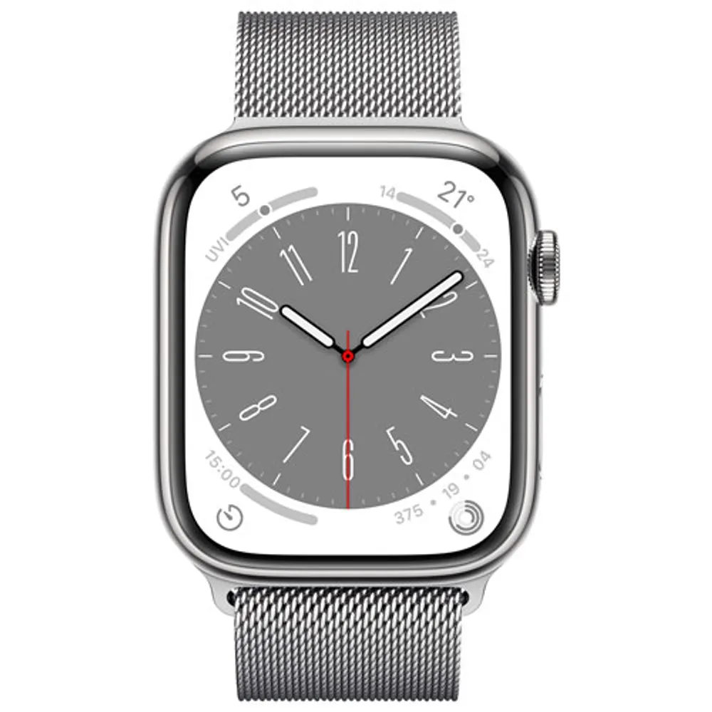 Rogers Apple Watch Series 8 (GPS + Cellular) 45mm Silver Stainless Steel Case with Silver Milanese Loop - M/L - Monthly Financing