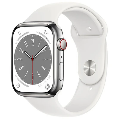 Rogers Apple Watch Series 8 (GPS + Cellular) 45mm Silver Stainless Steel Case with White Sport Band - M/L - Monthly Financing
