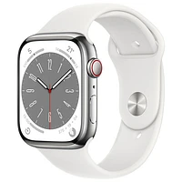 Rogers Apple Watch Series 8 (GPS + Cellular) 45mm Silver Stainless Steel Case with White Sport Band - M/L - Monthly Financing