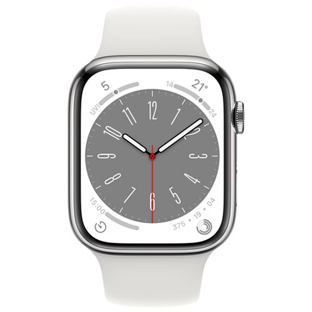Apple Watch Series 8 45 mm (GPS + Cell) en acier inoxydable argenté et bracelet de sport blanc de Rogers - M/G - Financement mensuel