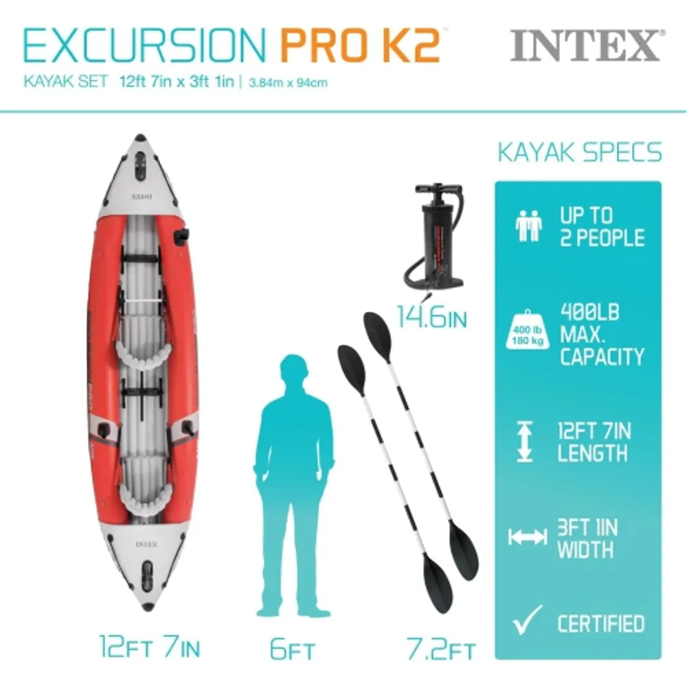 Intex Excursion Pro Inflatable Fishing Kayak Set with Aluminum Oars and  High Output Air Pump, 2-Person
