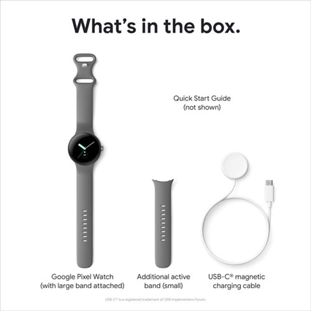 TELUS Google Pixel Watch (GPS + LTE) 40mm Silver Stainless Steel Case w/ Charcoal Active Band - Monthly Financing