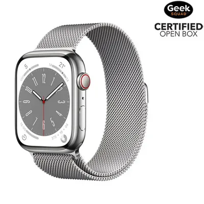 Boîte ouverte - Apple Watch Series 8 (GPS + connectivité cellulaire) avec boîtier de 45 mm en acier inoxydable argenté et bracelet milanais argenté - Moyen/Grand