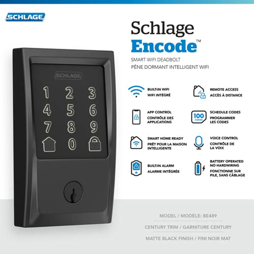 Poignée à serrure intelligente et pêne dormant Wi-Fi Encode de Schlage - Noir mat - Exclusivité Best Buy