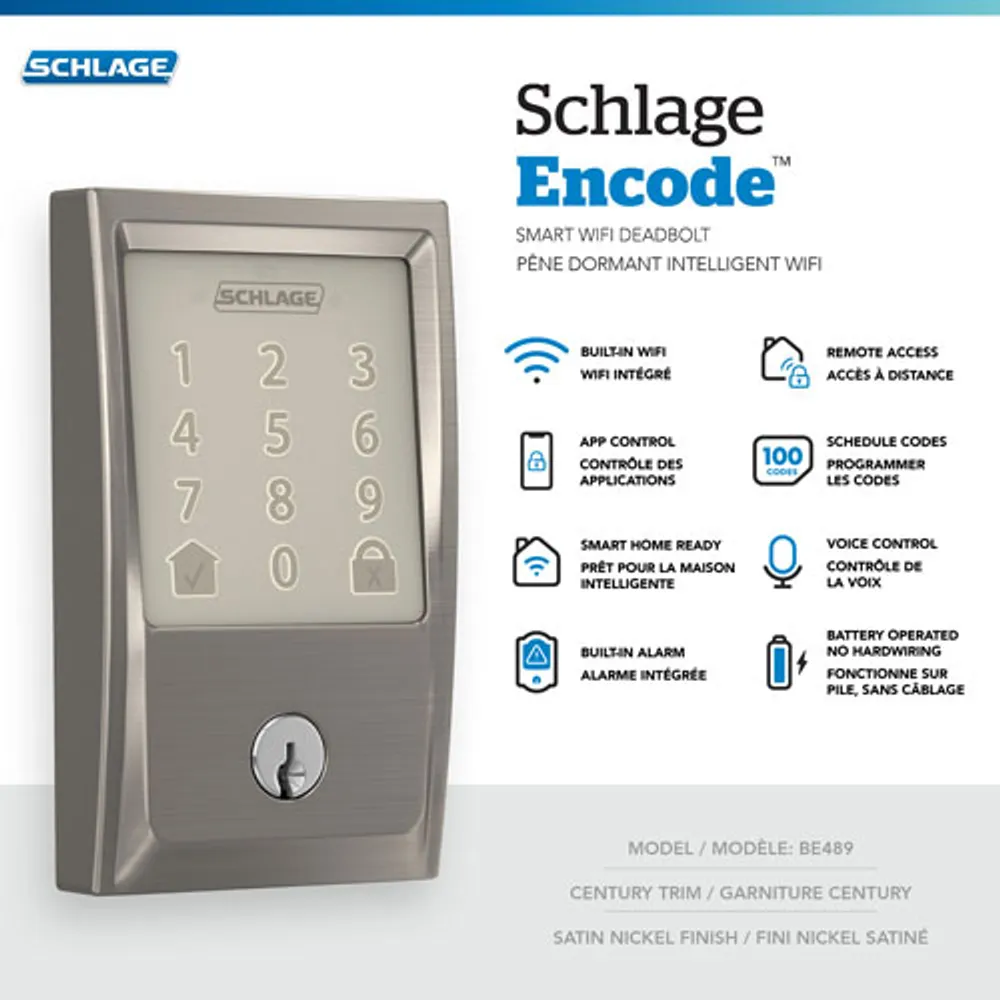 Poignée à serrure intelligente et pêne dormant Wi-Fi Encode de Schlage - Nickel satiné - Exclusivité Best Buy