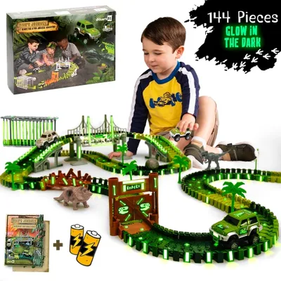 JitteryGit Dinosaur Toys for Boys Glow In The Dark Race Car Track Set | Dinosaurs STEM Vehicle Playsets for Kids Toddler Ages 3 4 5 6 7 8 Year Olds