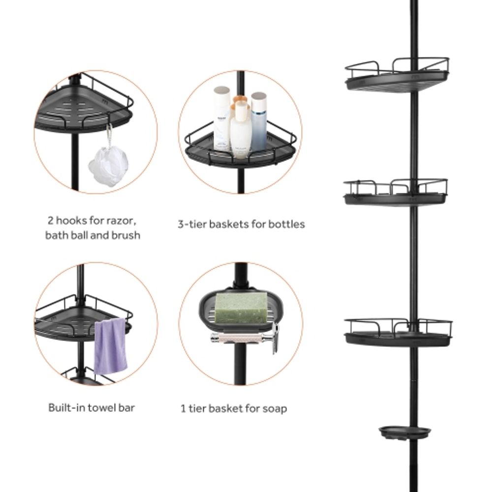 3 Tier Shower Racks with Hooks and Shampoo Soap Razor Holder - On