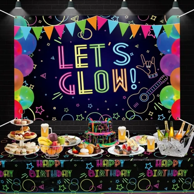 Glow Neon Birthday Party Backdrop - Glow in The Dark Lets Glow Banner Backdrop