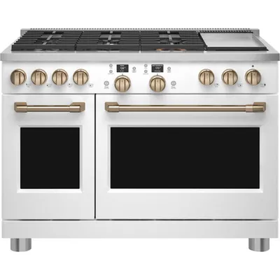 Cuisinière biénergie avec friture à air chaud autonome 6 brûleurs deux fours 8,25 pi² 48 po Café (C2Y486P4TW2) - Blanc mat