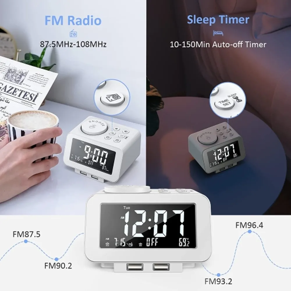 Digital Alarm Clock Radio - 0-100% Dimmer, Dual Alarm with Weekday