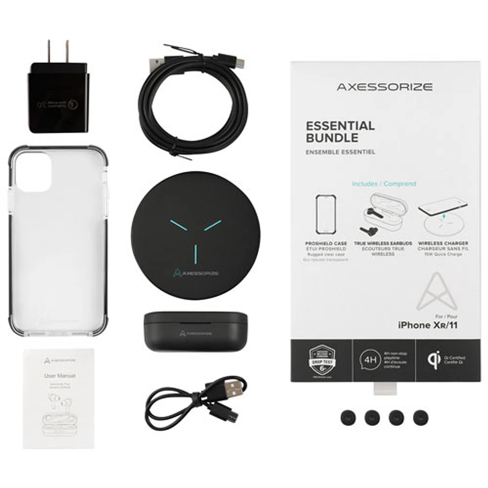 Axessorize Essential Bundle with Case, Truly Wireless Headphones & Wireless Charger for iPhone 11/XR