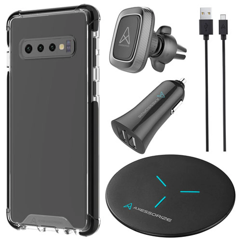 Ensemble Essentiel d'Axessorize avec étui, support pour l'auto, chargeur pour l'auto et chargeur sans fil pour Galaxy S10