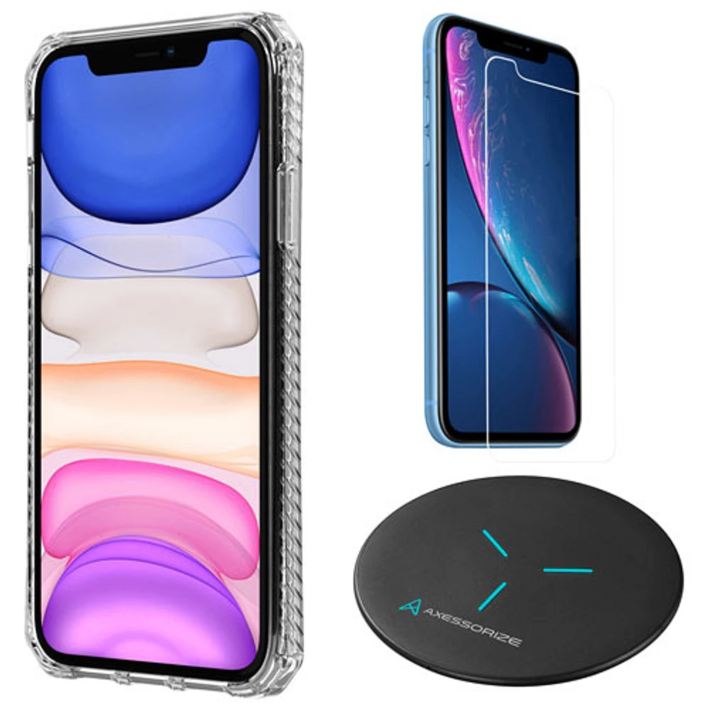 Ensemble Essentiel d'Axessorize avec étui, protecteur d'écran et chargeur sans fil pour iPhone 11/XR