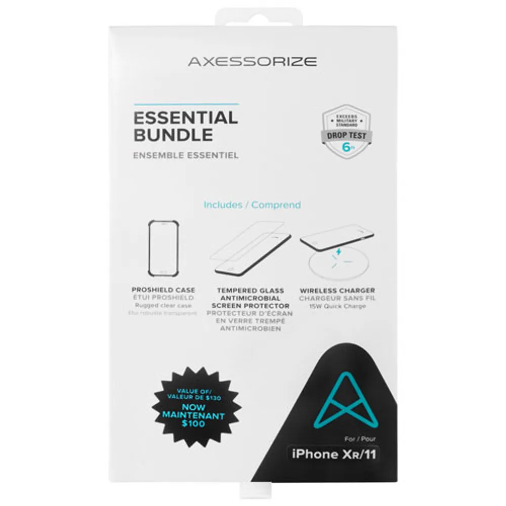 Ensemble Essentiel d'Axessorize avec étui, protecteur d'écran et chargeur sans fil pour iPhone 11/XR