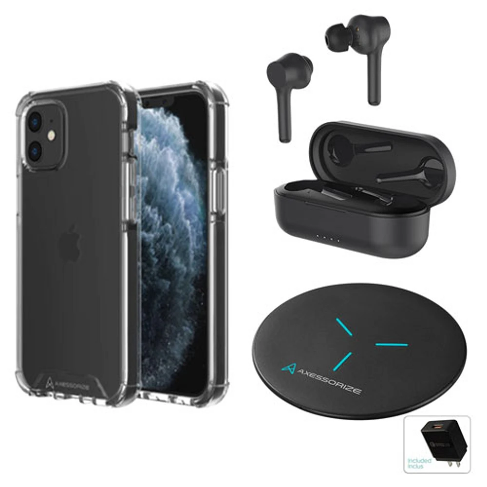 Axessorize Essential Bundle with Case, Truly Wireless Headphones & Wireless Charger for iPhone 12/12 Pro