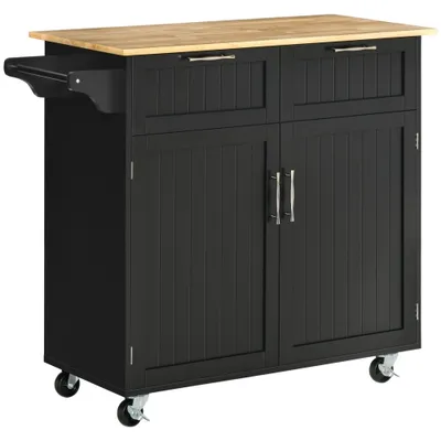 HOMCOM Rolling Kitchen Island with Storage Drawers, Modern Kitchen Cart with Rubber Wood Top, Cabinet & Towel Rack