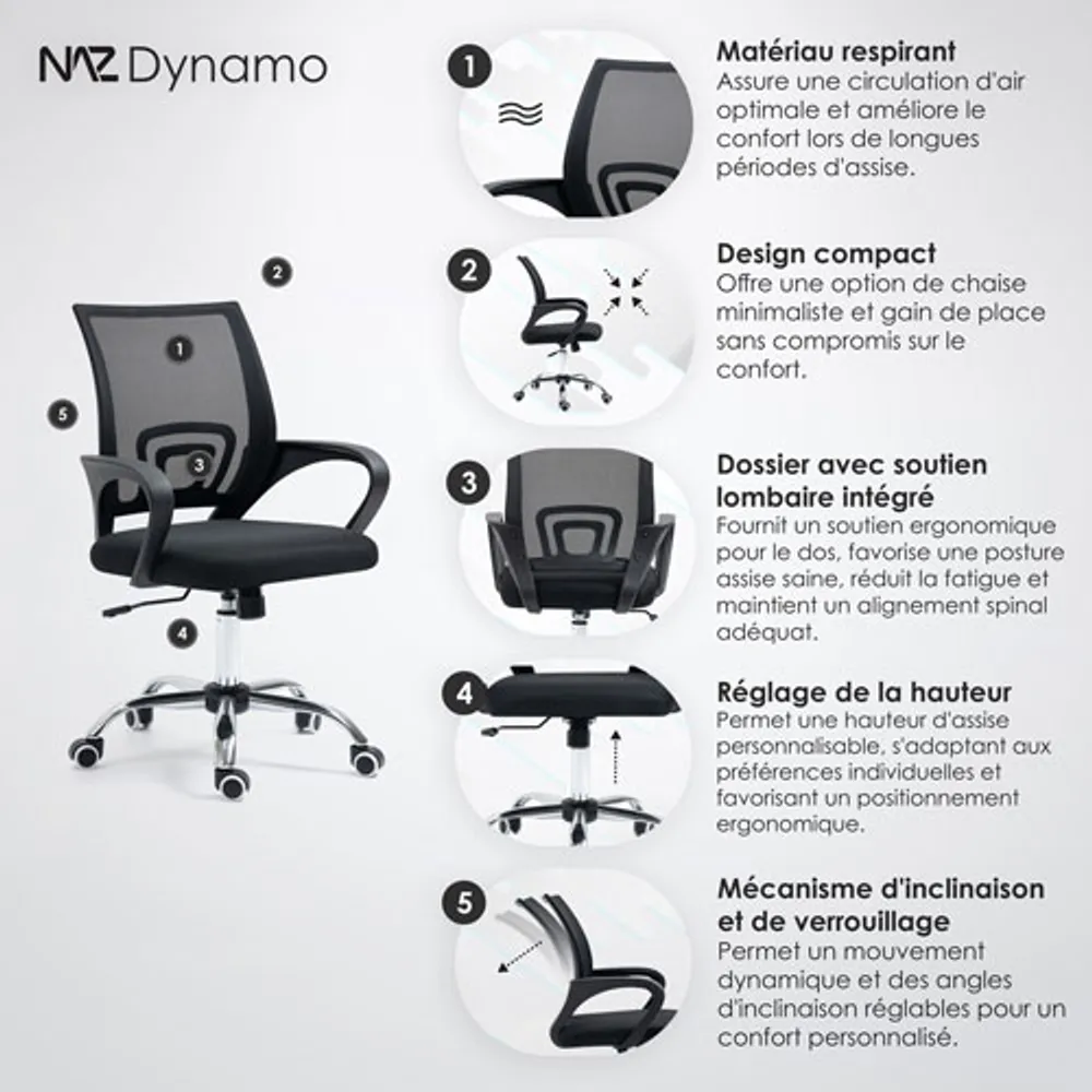 Fauteuil de bureau en filet à dossier mi-hauteur Dynamo de Naz - Noir