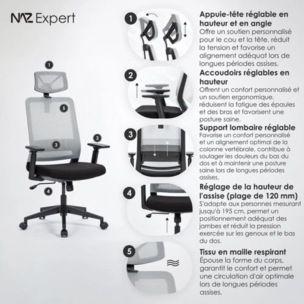 Fauteuil de bureau en filet à dossier pleine hauteur avec appuie-tête Expert de Naz - Noir