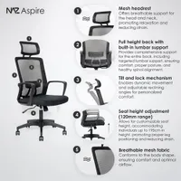 Naz Aspire Full-Back Mesh Office Chair with Headrest - Black