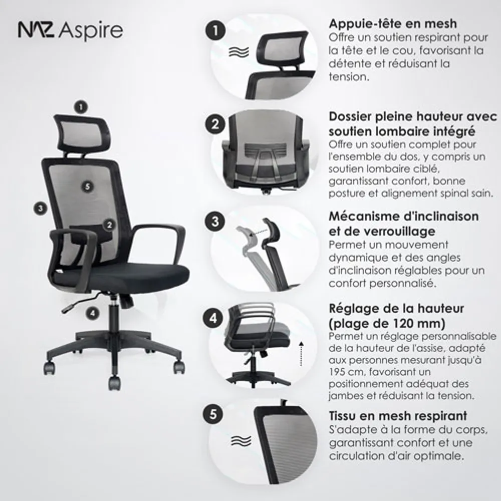 Naz Aspire Full-Back Mesh Office Chair with Headrest - Black