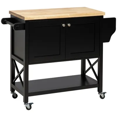 HOMCOM Rolling Kitchen Island, Kitchen Serving Cart with Rubber Wood Top, Towel Rack, Spice Rack and Storage Cabinet