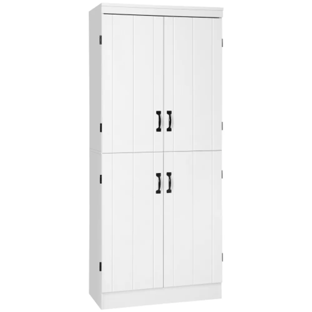 HOMCOM White Freestanding Kitchen Pantry, Farmhouse 4-Door Storage Cabinet with 4-Tiers and 2-Adjustable Shelves