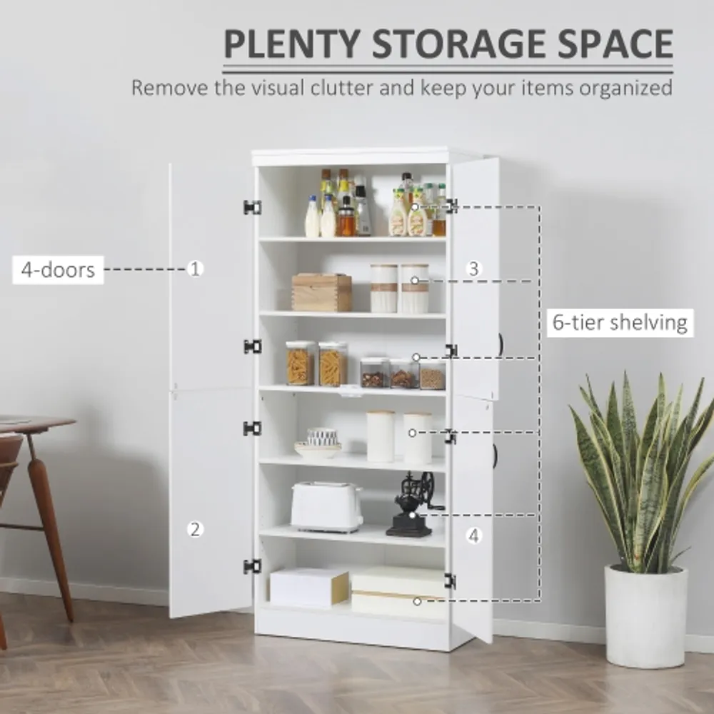 HOMCOM White Freestanding Kitchen Pantry, Farmhouse 4-Door Storage Cabinet with 4-Tiers and 2-Adjustable Shelves