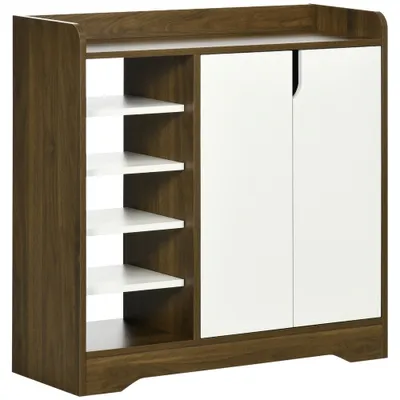 HOMCOM Modern Shoe Cabinet with 4-tier Double Door Cupboard and 5-tier Open Shelves, 13 Pair Shoe Storage Organizer for Entryway, Hallway, Brown and White