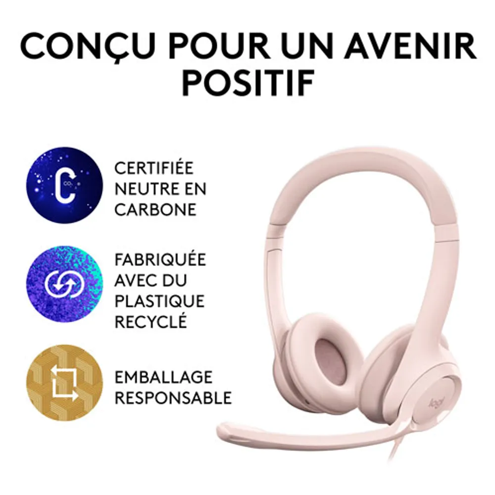 Casque d'écoute avec fil H390 de Logitech avec microphone à suppression du bruit - Rose