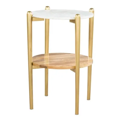 ZUO Mina Modern Steel Mango Wood and Marble Side Table in White