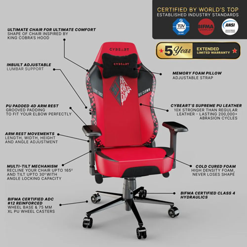 Cybeart Harley Quinn Edition Ergonomic Faux Leather Gaming Chair - Red/Black