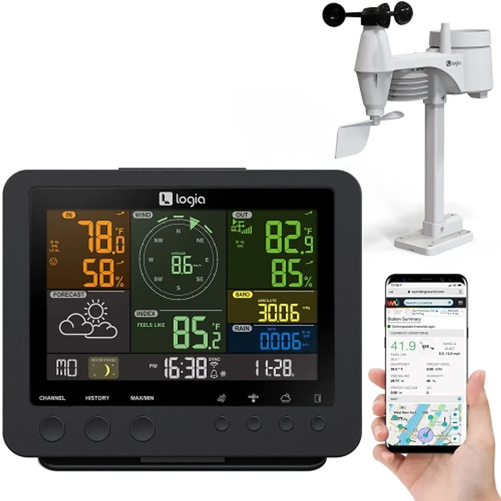 Logia 5-in-1 Weather Station with Wi-Fi and Black Display Screen, Outdoor  Thermometer & Rain Gauge