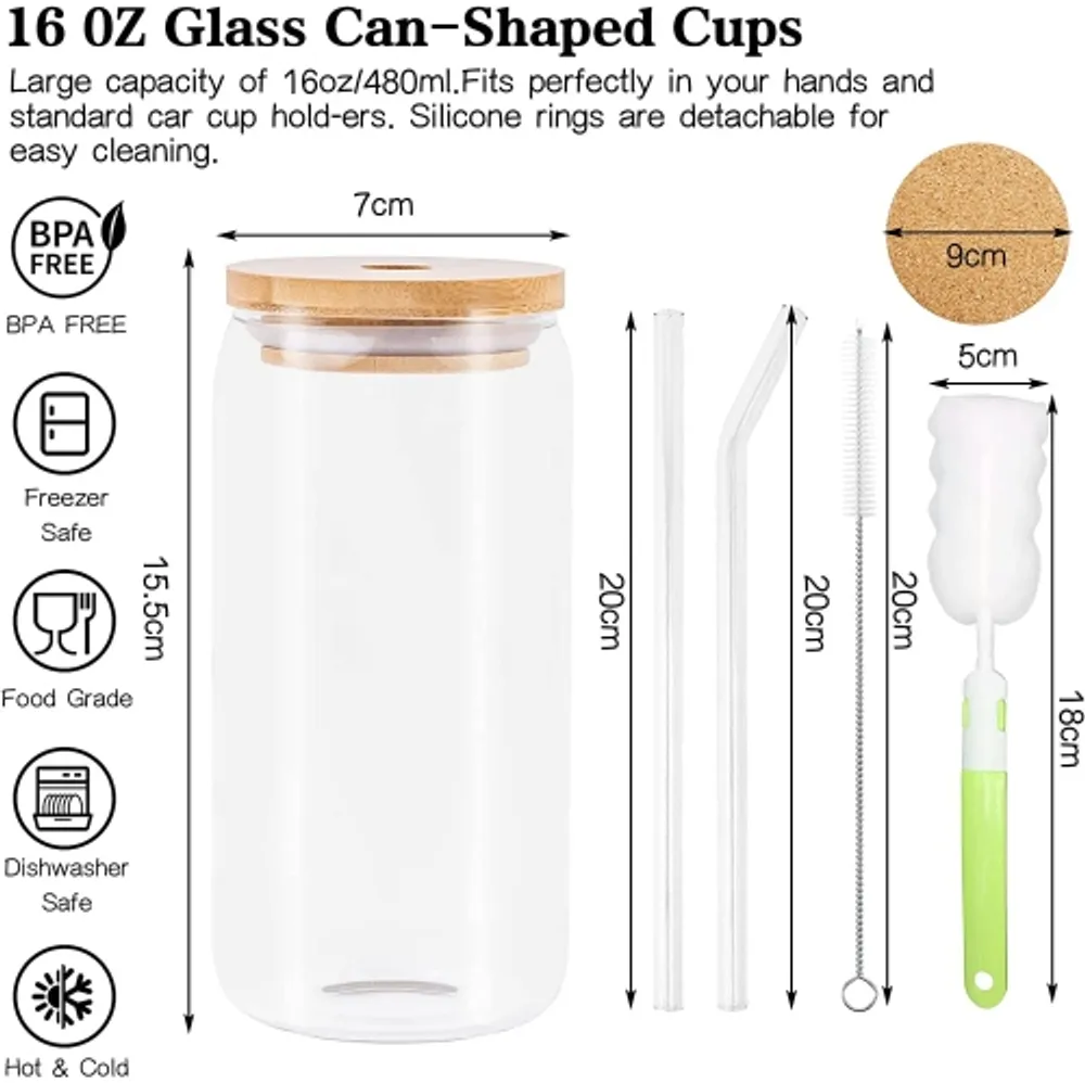 GENERIC 6 Pieces Beer Can Glass with Bamboo Lids and Straw 16 oz Drinking  Glasses Can Tumbler Clear Glass Cups Reusable Beer