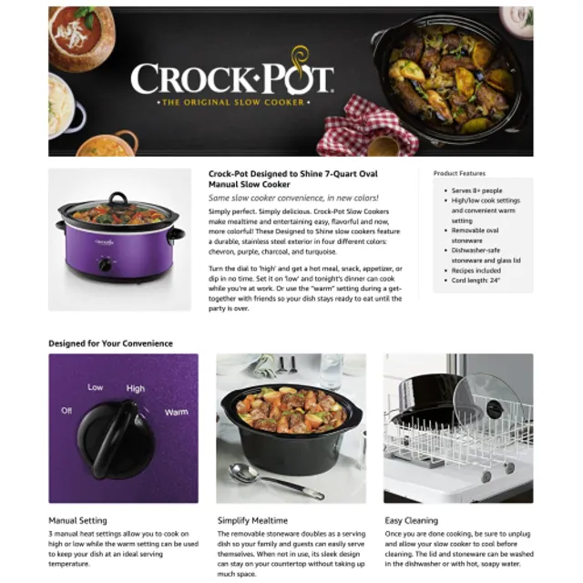 Dinner is Easier with the Crock-Pot 7.0 Quart Design to Shine Slow