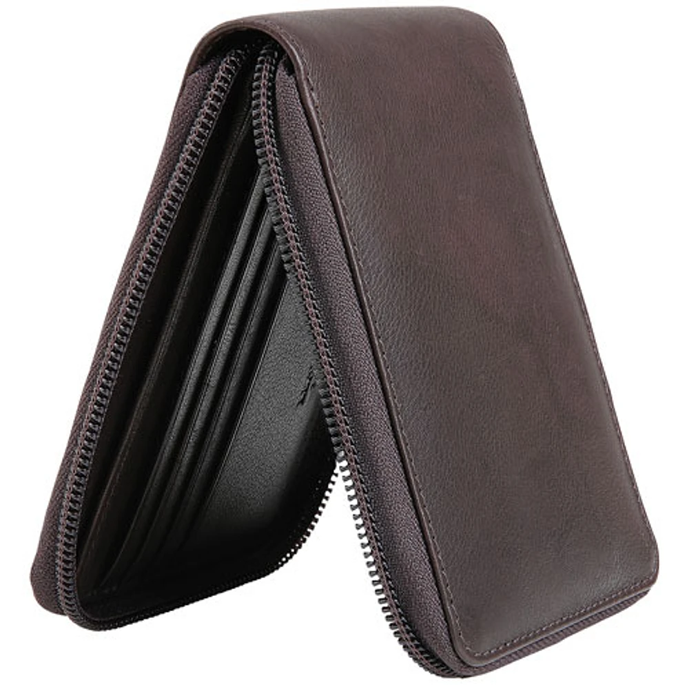 Mancini Monterrey RFID Genuine Leather Zipper Wallet with Removable Passcase- Brown