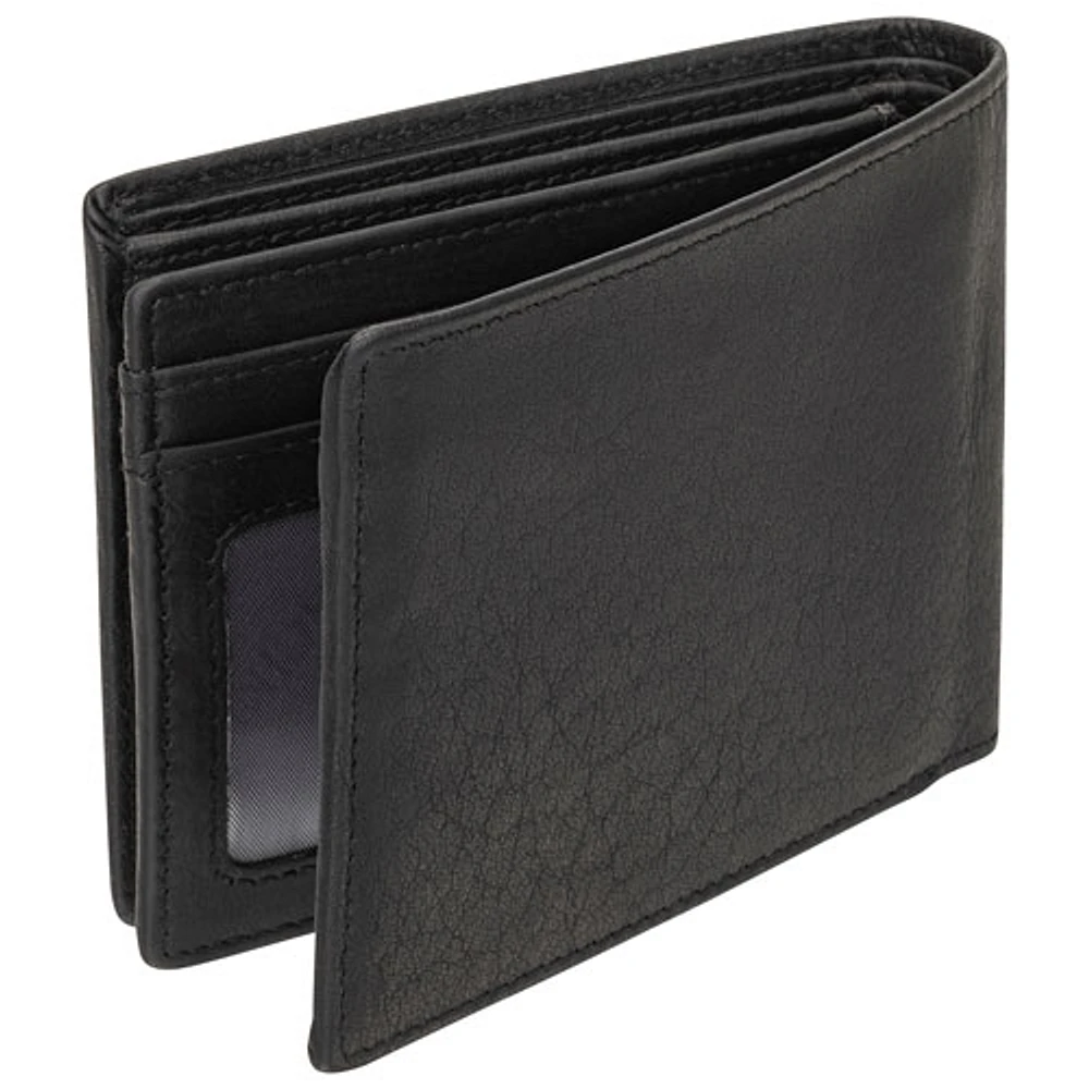 Mancini Buffalo RFID Genuine Leather Bi-fold Center Wing Wallet - Black