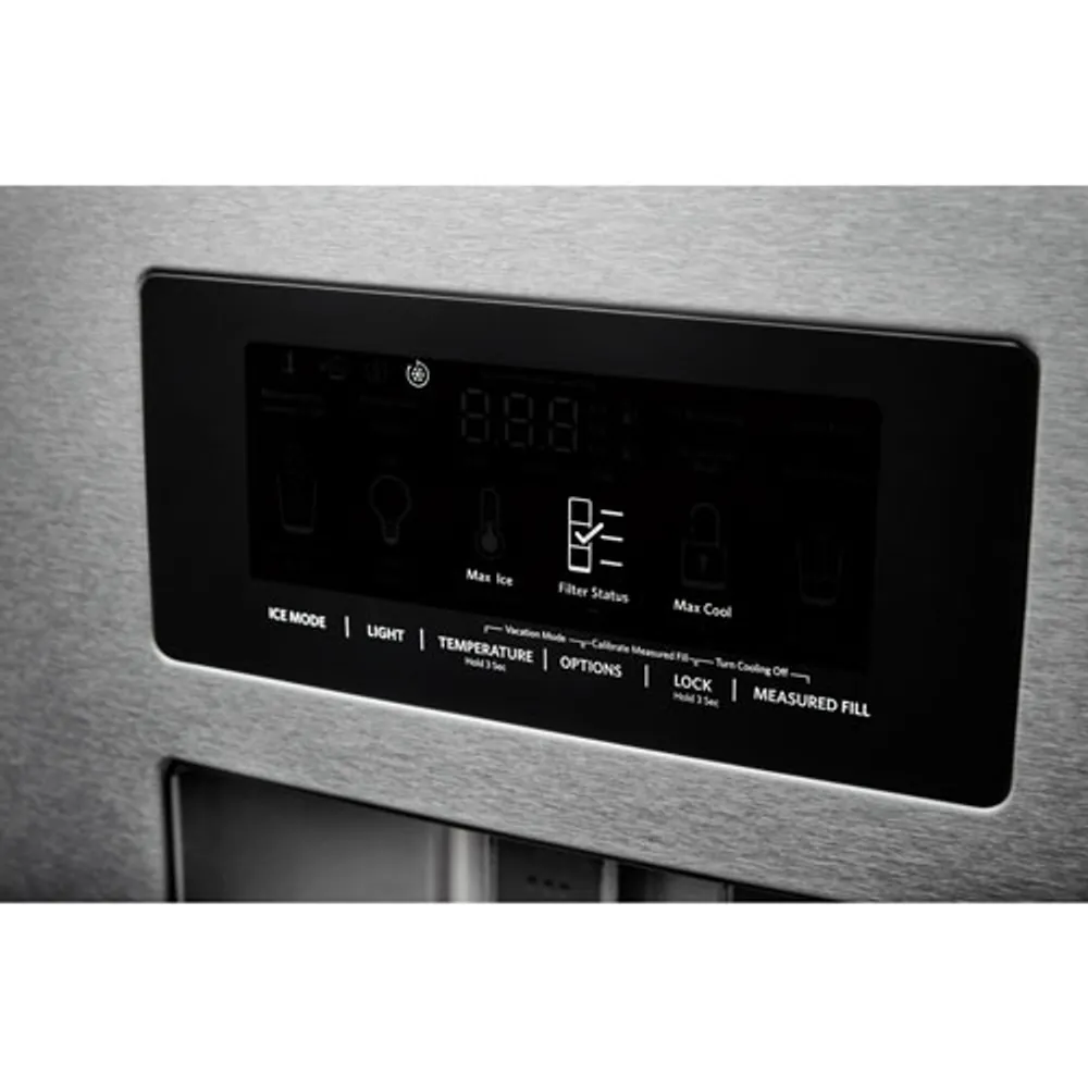 Réfrigérateur à deux portes de 27 pi³ et 36 po avec distributeur d'eau et de glaçons de KitchenAid (KRFF577KPS) - Inox