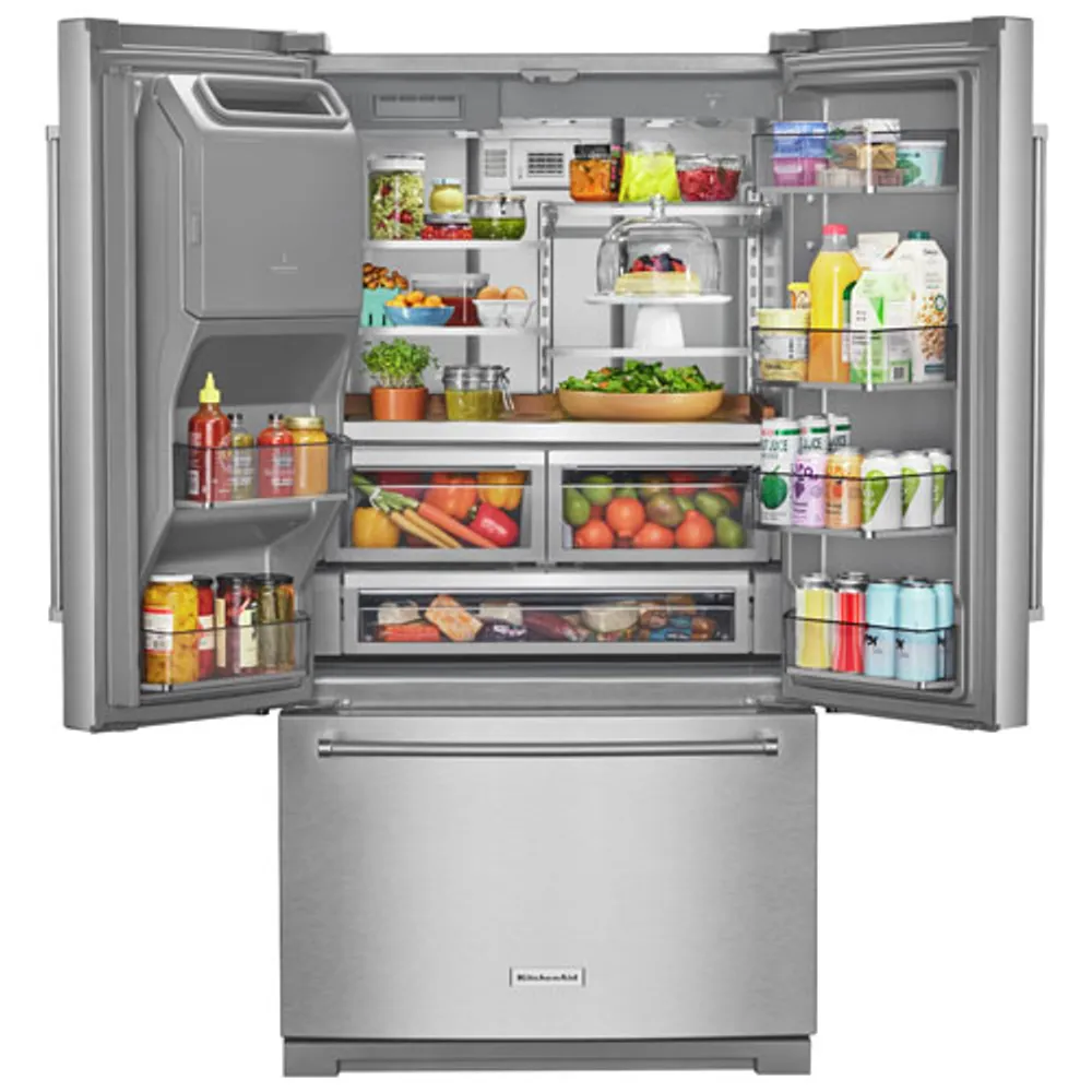 KitchenAid 36" 27 Cu Ft French Door Refrigerator w/ Water & Ice Dispenser (KRFF577KPS) -Stainless Steel