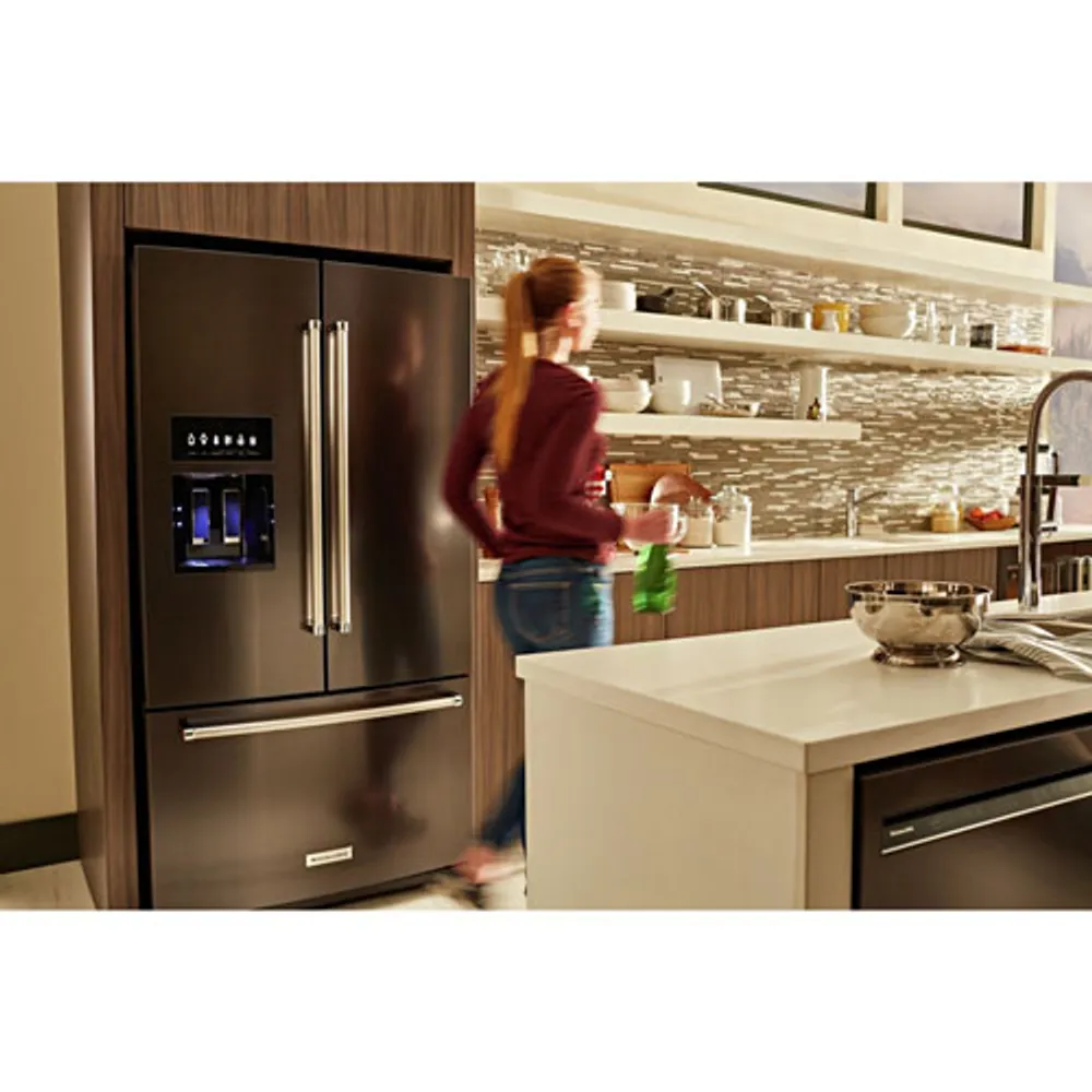 KitchenAid 36" 27 Cu Ft French Door Refrigerator w/ Water & Ice Dispenser (KRFF577KBS) -Black Stainless