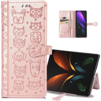 Cat Dog Pattern Embossed Wallet Case for Samsung Galaxy Z Fold4 5G, TPU Leather Shockproof Protective w