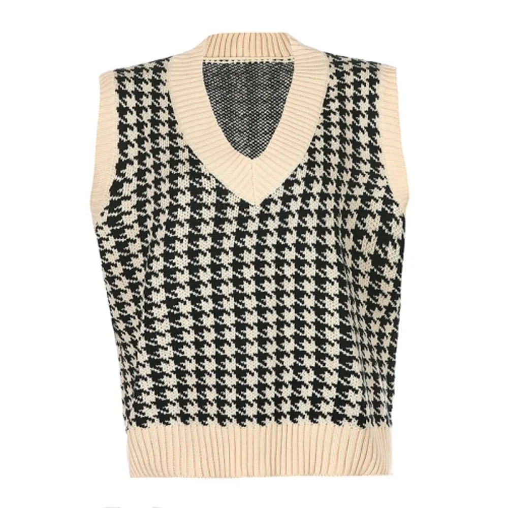 Women Argyle Sleeveless Sweater Single Breasted V-Neck Pockets Knitted Vest
